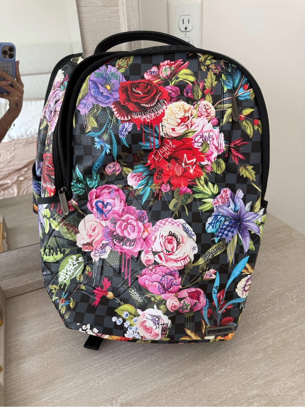 Sprayground Floral Graffiti Checkered Backpack